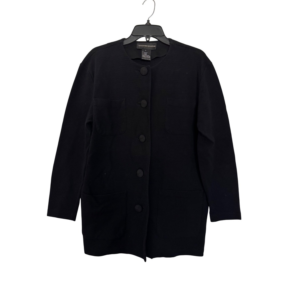 Andrea Jovine Black Ribbed Knit Longline Button Front Cardigan Jacket Large